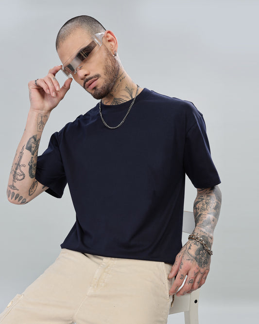 NAVY BLUE SOLID OVERSIZED T-SHIRT