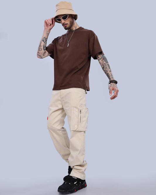 BROWN SOLID OVERSIZED T-SHIRT